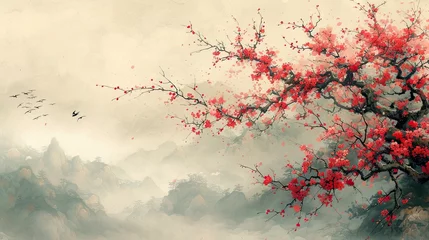Raamstickers Traditional Japanese style landscape with sakura, fog, and hills on a vintage watercolor background. © pengedarseni