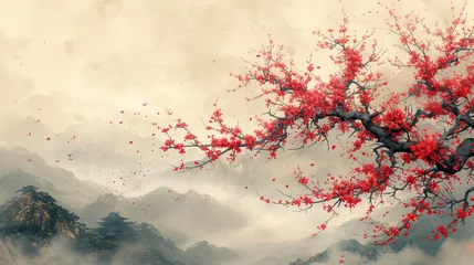 Foto op Canvas Traditional Japanese style landscape with sakura, fog, and hills on a vintage watercolor background. © pengedarseni