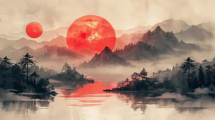 Türaufkleber Traditional Japanese style landscape with sakura, hills, sun, lake, and cranes on a vintage watercolor background. © pengedarseni