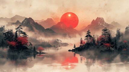 Traditional Japanese style landscape with sakura, hills, sun, lake, and cranes on a vintage watercolor background.