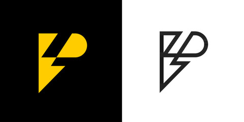 Power logo. P letter and lightning on the dark background. P monogram. Power and energy technology
