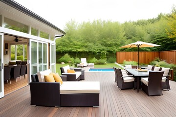 Fototapeta na wymiar Outdoor patio, cozy summer terrace with furniture