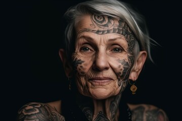 Elderly woman with tattoos. Originally and extraordinary ornaments female body. Generate AI