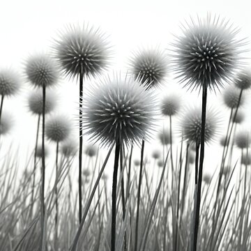 Black and white image of a lot of dandelions on a white background