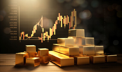 Business success and growth concept. Stock market trading chart with gold bars. Forex market, gold and precious metals market.