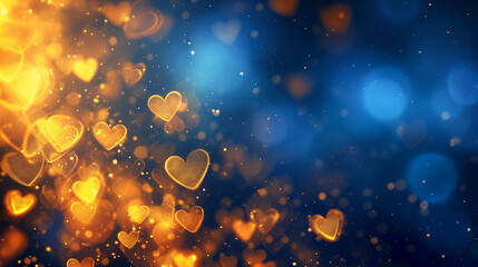 Obraz premium Beautiful soft focus blue background with golden hearts and copy space for your text, Valentine’s Day concept