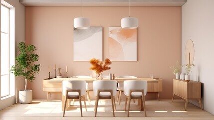 Living room dining room in light shades, modern interior