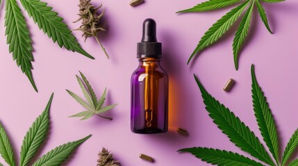 Top View CBD Oil Cannabis Mockup, Cosmetic Product Advertisement on Pastel Purple Background.