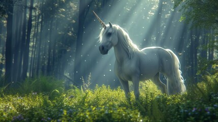 Obraz na płótnie Canvas Mystical Fantasy Forest. White Unicorn with Flowing Long Mane in a Whimsical Background.