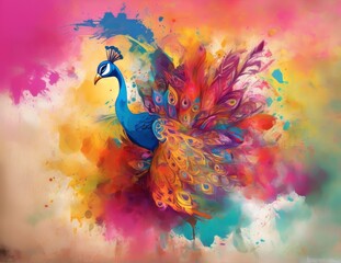 Colorful graphic illustration of a peacock during the Holi festival.