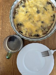 baked quiche with chicken and mushrooms.
