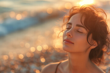 Serene young brunette woman enjoying sunset at the beach with gentle waves in the background, depicting peace and relaxation. Created with Generative AI