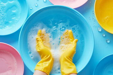 Yellow gloved hands in a plastic washing tub - Generative AI