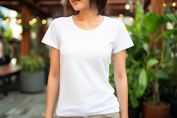 Front view of young woman in stylish t-shirt. Outdoor background with copy space for your text message or promotional content. Mockup for design.
