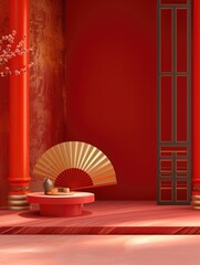 3d red background gold fan, round table, minimalist background, simple brushwork, minimalist stage design