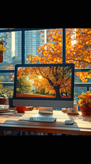 Laptop in office, lake view, light indigo and light amber style, vibrant colors of nature, rich and immersive, sun-drenched colors, mixed mixed organized disorder