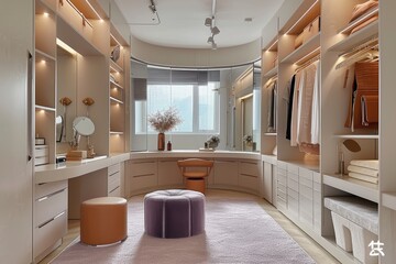Ream style cloakroom space with large wardrobe, light purple and light bronze, organic form, soft color tones