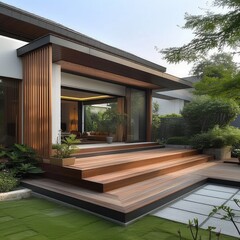 Design and decorate a modern single-storey house with the scent of Muji, complete with a trellised balcony, relaxation area, and lawn garden.In the style of architect Magazine