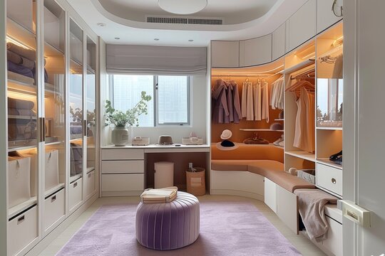 Ream style cloakroom space with large wardrobe, light purple and light bronze, organic form, soft color tones
