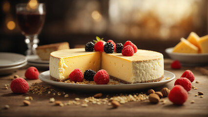a very delicious mouthwatering cheesecake with berries and mint on the top of a wooden table