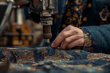 Man repairing vintage denim with a sewing machine, AI-generated. - obrazy, fototapety, plakaty