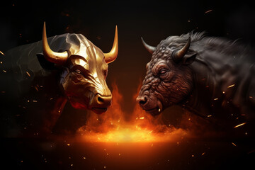 two bulls heads sculptures like symbol representing financial market trends, crypto currency market