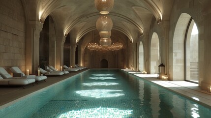 Luxurious wellness center featuring a vast indoor pool and relaxing spa amenities