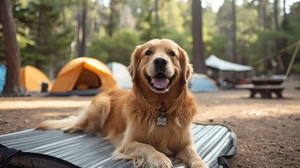 A happy white Golden Retriever puppy sits on a bench, tongue out, looking adorable