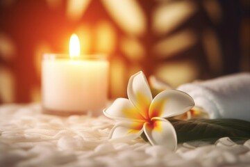 Fototapeta na wymiar Spa exotic blossom with burning scented candle. Cozy relaxation comfortable wellness ambiance. Generate ai