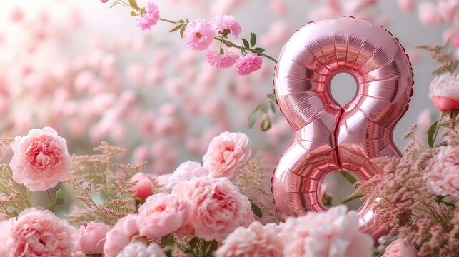 Celebrating International Womens Day, Number 8 Shaped Rose Gold Foil Balloon Surrounded by Flying Roses and Ranunculuses on a Pastel Pink Background.