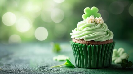 St. Patrick's Day Cupcake on Pastel Background. Sweet Celebration with Copy Space.
