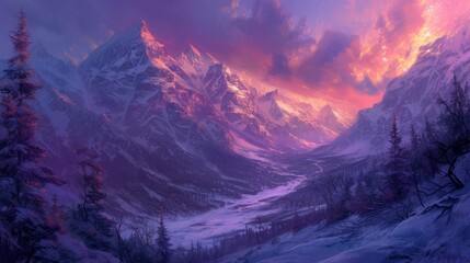 Amidst the snow and mountains, a myriad of stars suddenly sparkled in a lavender glow, casting a celestial enchantment over the entire landscape.
