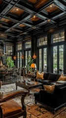 Fototapeta na wymiar Harmony of luxurious residences Glimpse the elegant living room with glossy hardwood floors and a warm, inviting fireplace