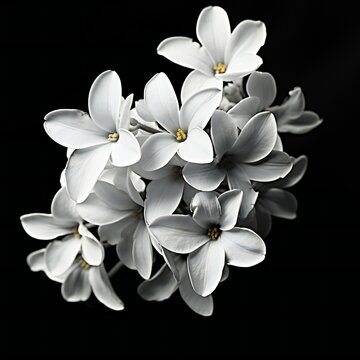 White lilac flowers on a black background,  Monochrome image