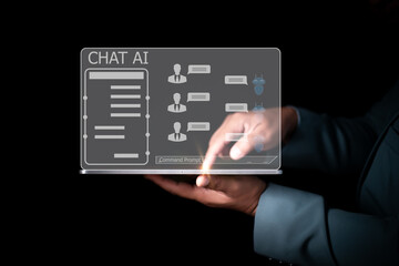 Ai technology, Chat with AI, Artificial Intelligence. man using technology smart robot AI, Chatbot by enter command prompt for generates something, Futuristic technology transformation.