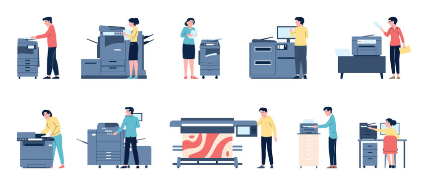 Printing house worker. People working with polygraphy tools. Prints, choose colors, doing fax. Typography equipment, recent vector flat scenes