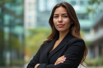 Fototapeta premium Confident Hispanic business woman standing outside an office building. Portrait of professional businesswoman on blur office building background. Professional manager in suit