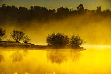 Morning fog over autumn lake water
