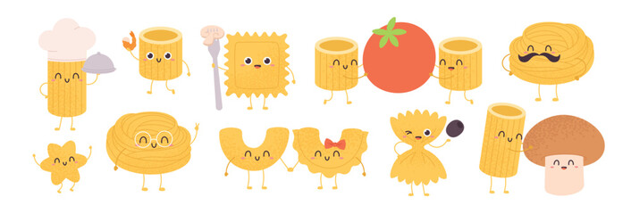 Cute pasta characters. Comic noodles with different fresh ingredients. Italian food cooking, ravioli with mushroom, tomatoes, racy vector set