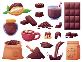 Cartoon cocoa products. Beans and powder, chocolate bar and liquid hot drink in mug. Sweets and candies, plant and sweet bar. Nowaday dessert vector set