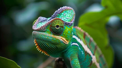 Türaufkleber Green coloured chameleon in natural background. © Banu