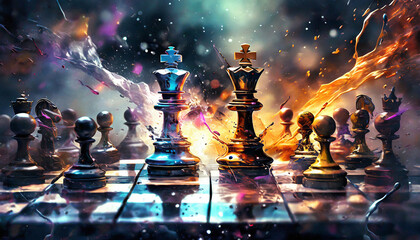 chess game, explosion of colors, splash art effect