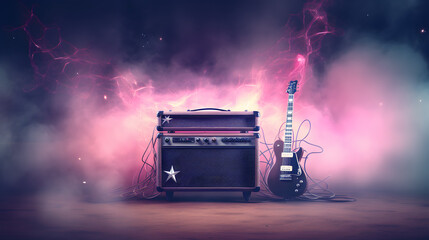 Electric guitar and an amplifier with pink electric lighting and smoke in the background. Electric dreams concept. Copy space for text. - obrazy, fototapety, plakaty