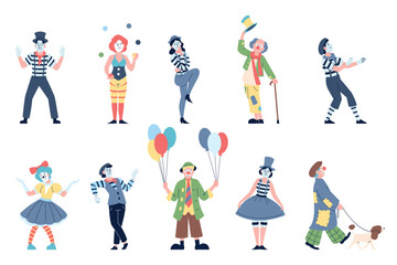 Mimes and clowns. Circus characters, mime clown in bright costumes. Performance or entertainment artists, street theater actors recent vector set