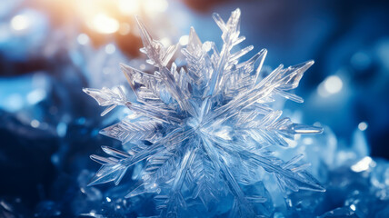 Macroscopic photo of snowflakes, ice crystals, deep blue color
