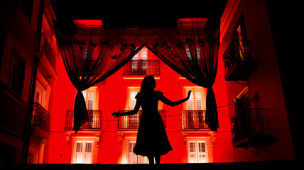 Woman silhouette dancing - red light district concept