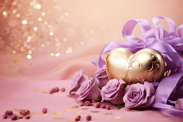 Obraz na płótnie Canvas Valentine's day concept banner with a golden heart, lilac roses and ribbons on a light lilac background with twinkling lights. Copy space for text.