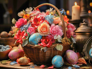 Wicker basket with painted Easter eggs and flowers, vintage items