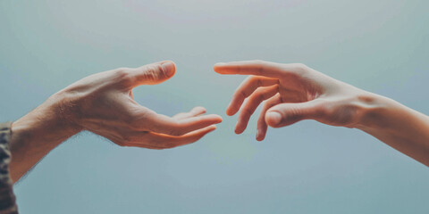 Two Hands Reaching Towards Each Other Against Sky. - obrazy, fototapety, plakaty