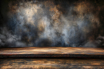 Textured Wall and Wooden Table: Dark Design Concept with Vintage Wood Background and Empty Space for Display